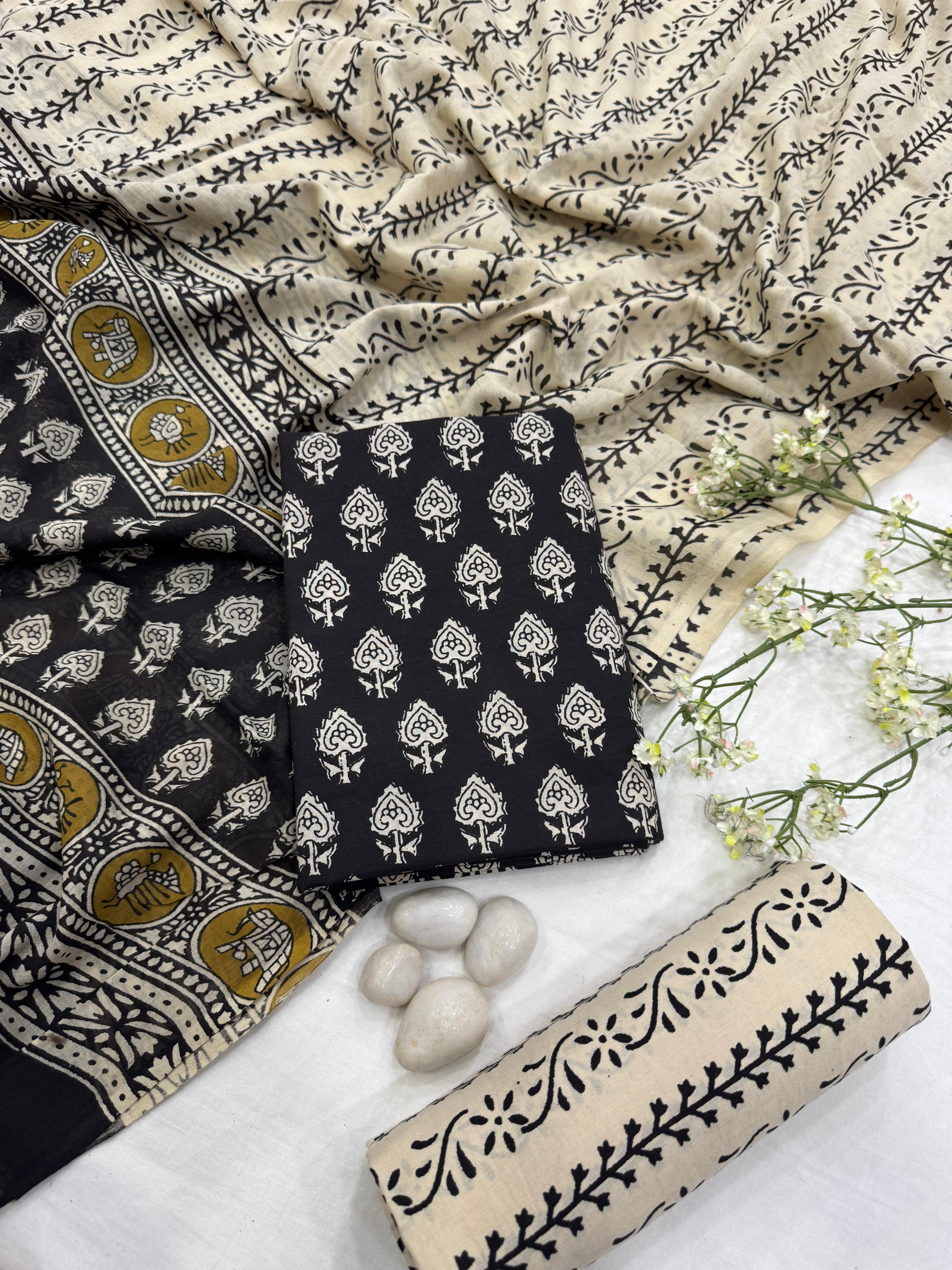 Wholesale Black Floral Handblock Printed Cotton Mul Dress Material – Jaipur Block Print, Artisan-Crafted in Rajasthan for Designers, Boutiques, and Bulk Orders